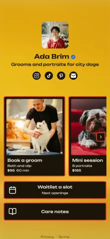 Example link in bio page for a dog groomer
