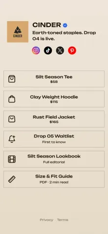 Example link in bio page for a streetwear brand