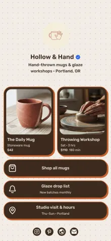 Example link in bio page for a ceramics studio