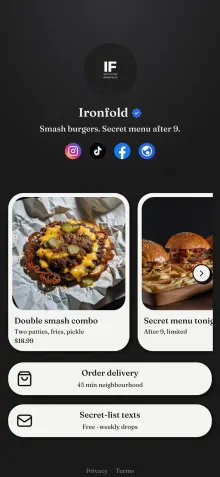 Example link in bio page for a restaurant