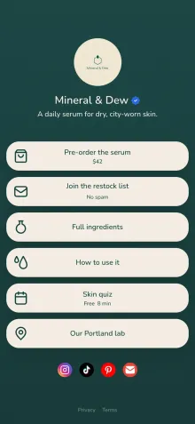 Example link in bio page for a skincare brand