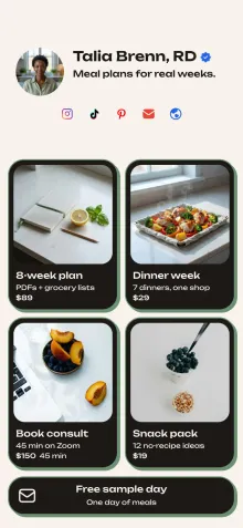 Example link in bio page for a nutritionist