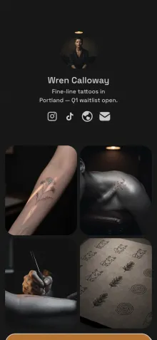 Example link in bio page for a tattoo artist